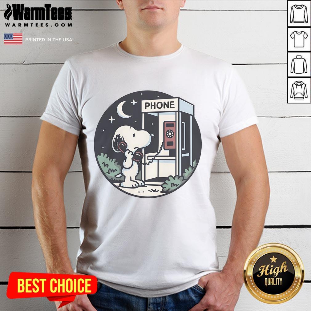 Alt Text: Cute Snoopy Doggy Phone Home T-Shirt featuring a whimsical Snoopy graphic in vibrant colors on a stylish tee.