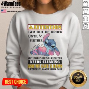 Alt Text: Cute Stitch sweatshirt with Out of Order message, perfect for expressing humor and personality in casual wear.