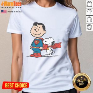 Alt Text: Cute Super Peanuts Snoopy Superman Ladies Tee featuring vibrant graphics of Snoopy as Superman on a stylish shirt.