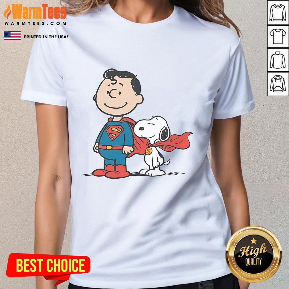 Alt Text: Cute Super Peanuts Snoopy Superman Ladies Tee featuring vibrant graphics of Snoopy as Superman on a stylish shirt.