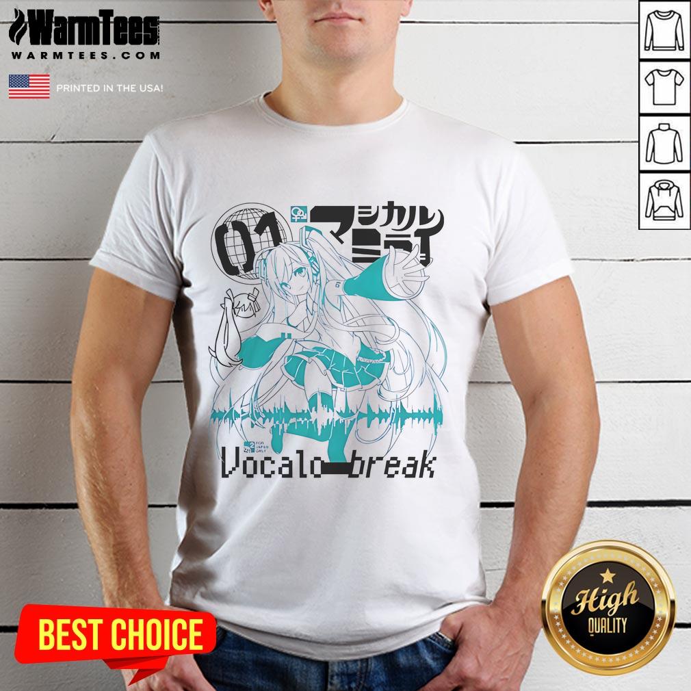 Alt Text: Cute Vocaloid Vocalostar Break Hatsune Miku T-Shirt featuring vibrant graphics of Hatsune Miku in a playful design.