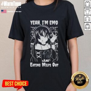 Alt Text: Cute anime girl in an emo style eating, wearing a 'Milfs Out' themed ladies tee, perfect for trendy fans.