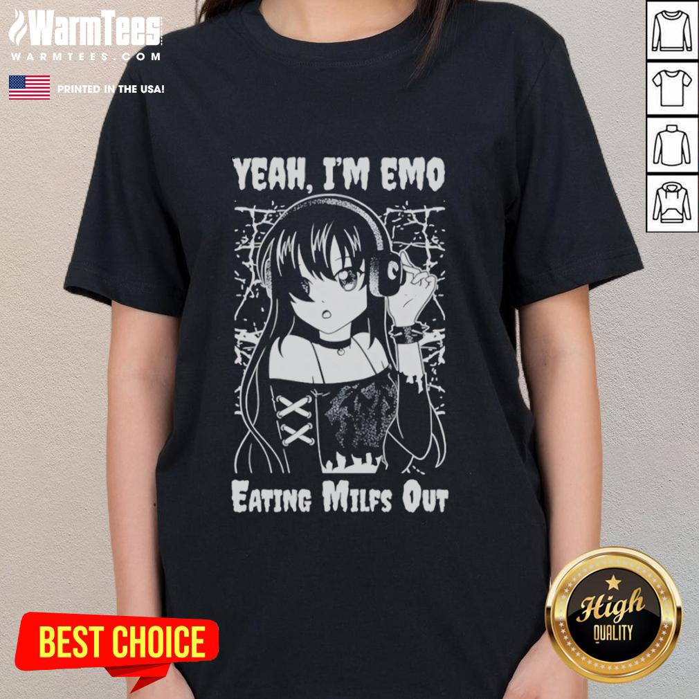 Alt Text: Cute anime girl in an emo style eating, wearing a 'Milfs Out' themed ladies tee, perfect for trendy fans.