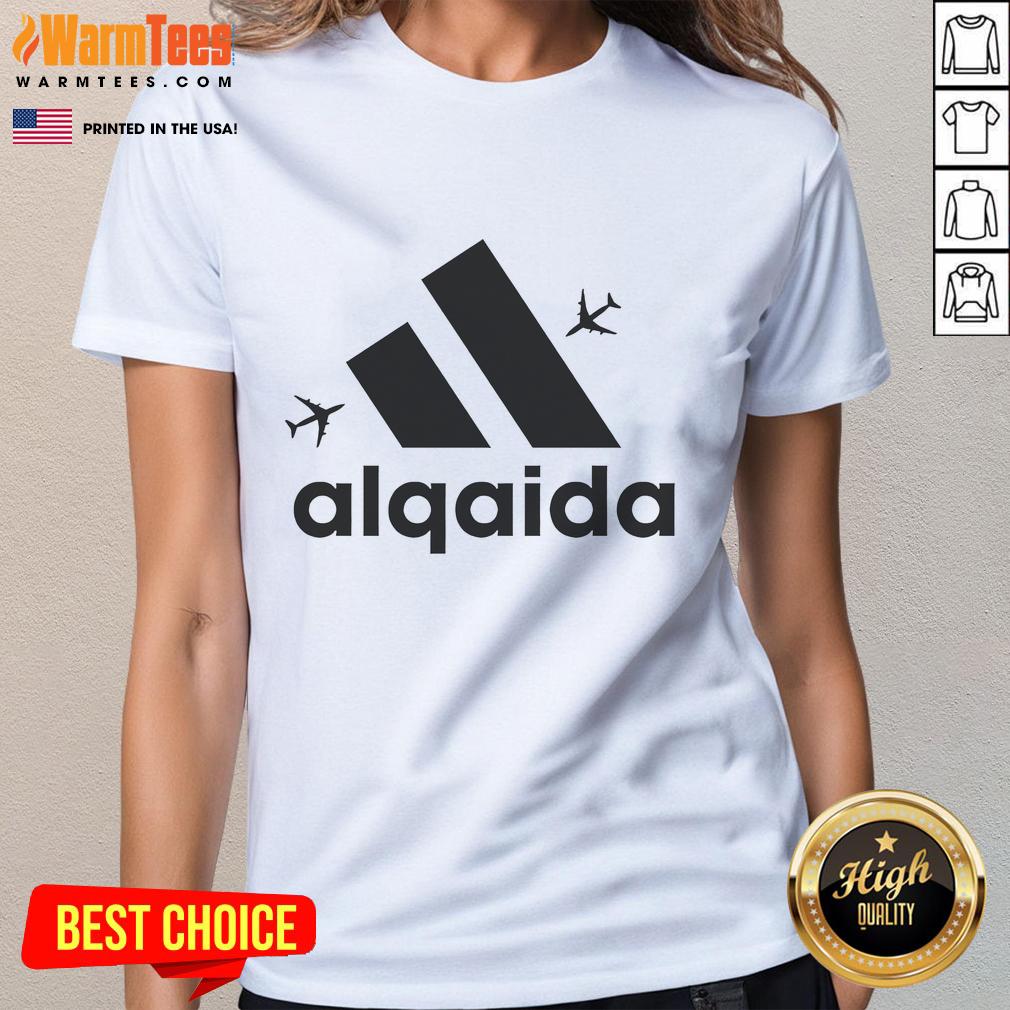 Funny Alqaida 911 logo parody ladies tee featuring humorous design for casual and quirky fashion lovers.