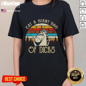 Alt Text: Funny Eat A Giant Bag Of Dicks Unicorn Ladies Tee featuring a colorful unicorn graphic and humorous text.