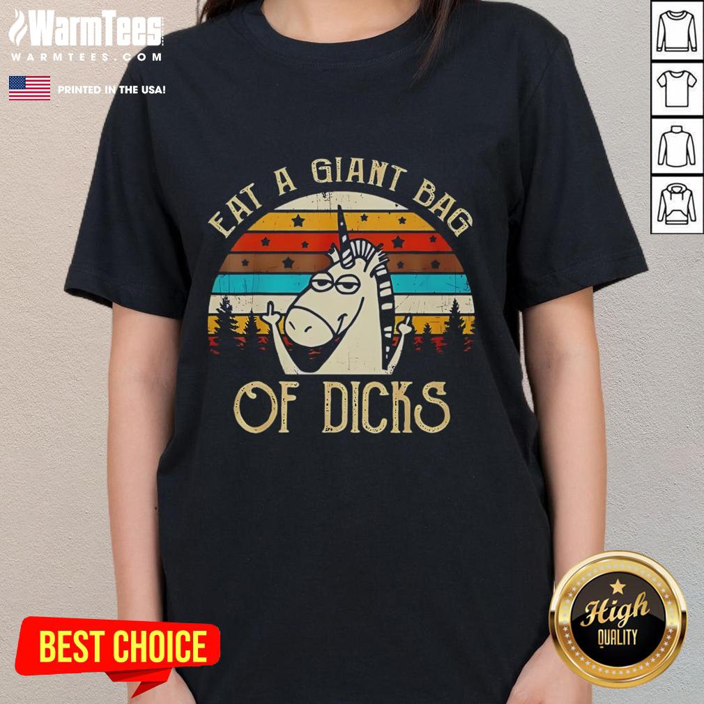 Alt Text: Funny Eat A Giant Bag Of Dicks Unicorn Ladies Tee featuring a colorful unicorn graphic and humorous text.