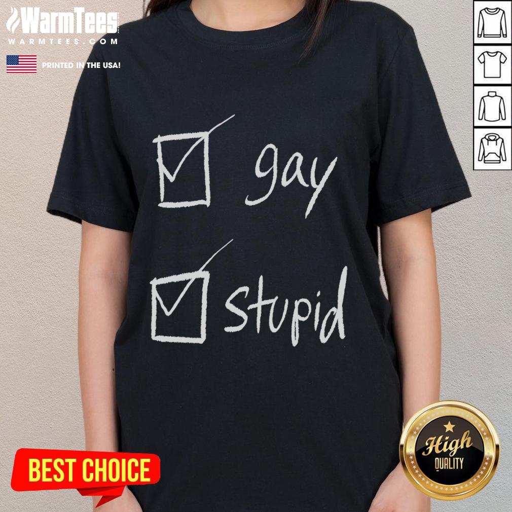 Funny Gay Stupid Check Box Ladies Tee featuring playful graphics and vibrant colors, perfect for proud LGBTQ+ fashion.