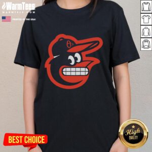 Alt Text: Funny grimacing Baltimore Orioles logo on a stylish ladies tee, perfect for fans of the MLB team and casual wear.