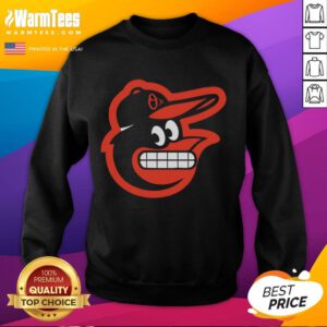 Funny grimacing Baltimore Orioles logo on a cozy sweatshirt, perfect for baseball fans and casual wear.