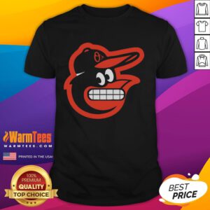 Funny grimacing Baltimore Orioles logo t-shirt featuring a comical oriole design, perfect for baseball fans.