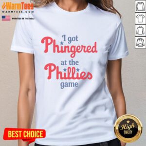 Funny 'I Got Phingered at the Phillies Game' ladies tee featuring playful graphics and vibrant colors for baseball fans.