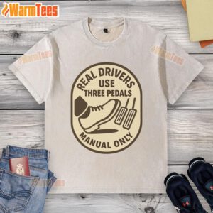 Funny manual only car enthusiast art on a washed t-shirt, perfect for car lovers and vintage style fans.