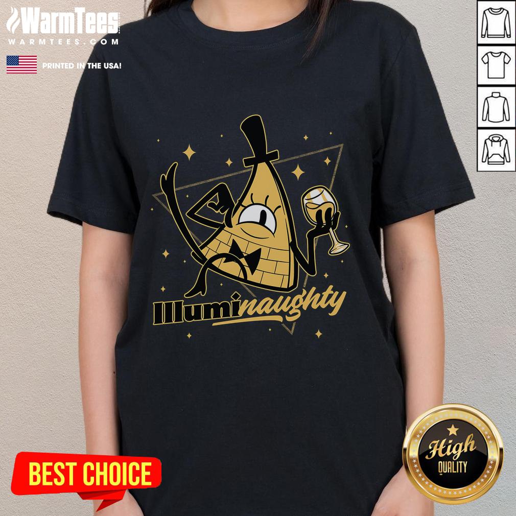 Funny Naughty Illuminati Triangle Bill Cipher design on a ladies tee inspired by Gravity Falls, perfect for fans.
