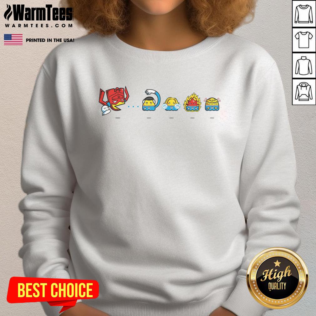 Funny Pac-Tastic Four sweatshirt featuring Pac-Man characters in a Fantastic Four design, perfect for gaming fans.