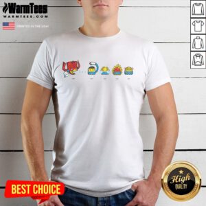 Funny Pac-Tastic Four Pacman Fantastic Four T-Shirt featuring colorful graphics of Pacman and superheroes in action.