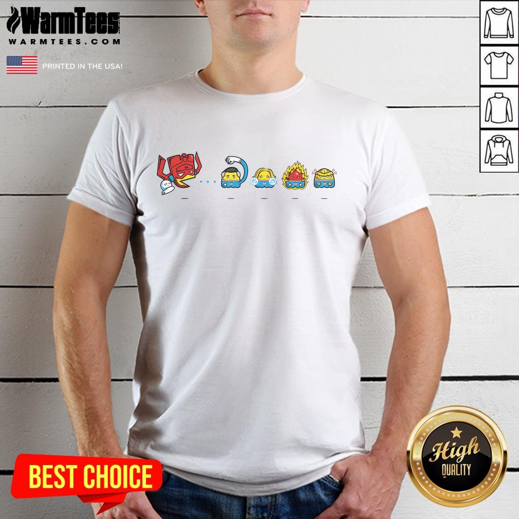Funny Pac-Tastic Four Pacman Fantastic Four T-Shirt featuring colorful graphics of Pacman and superheroes in action.