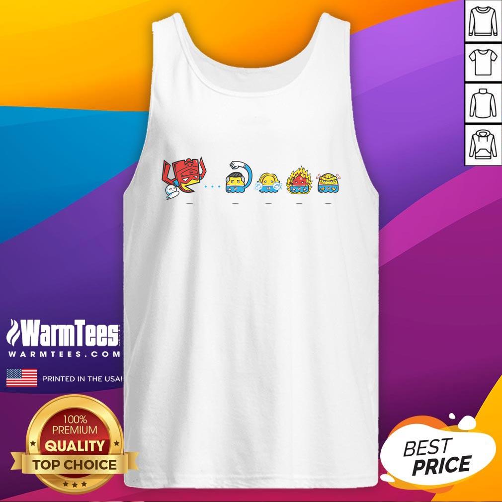 Funny Pac-Tastic Four tank top featuring a playful mashup of Pac-Man and the Fantastic Four for quirky fans.