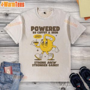 Funny Powered By Coffee And Iron Kettlebell Gym T-Shirt in vibrant colors, perfect for fitness enthusiasts and coffee lovers.
