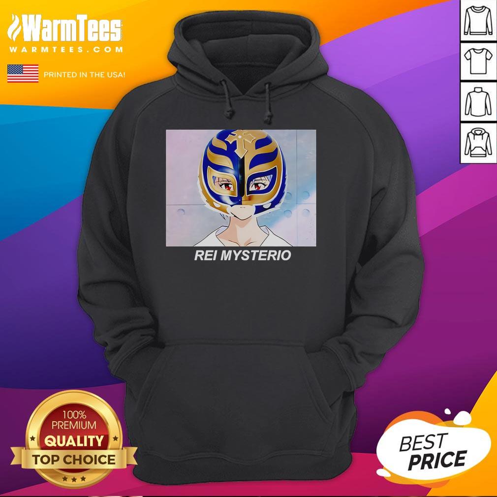Funny Rei Ayanami anime hoodie featuring a playful graphic of Rei Mysterio, perfect for fans of anime and wrestling.