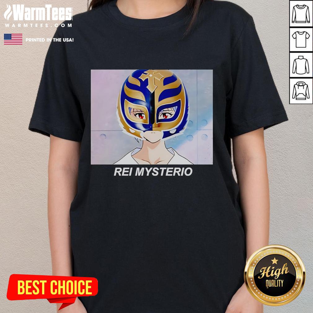 Funny Rei Mysterio Rei Ayanami anime ladies tee featuring a playful design, perfect for anime fans and casual wear.