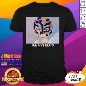 Funny Rei Mysterio Rei Ayanami anime T-shirt featuring a playful graphic of Rei in a wrestling pose, perfect for fans.