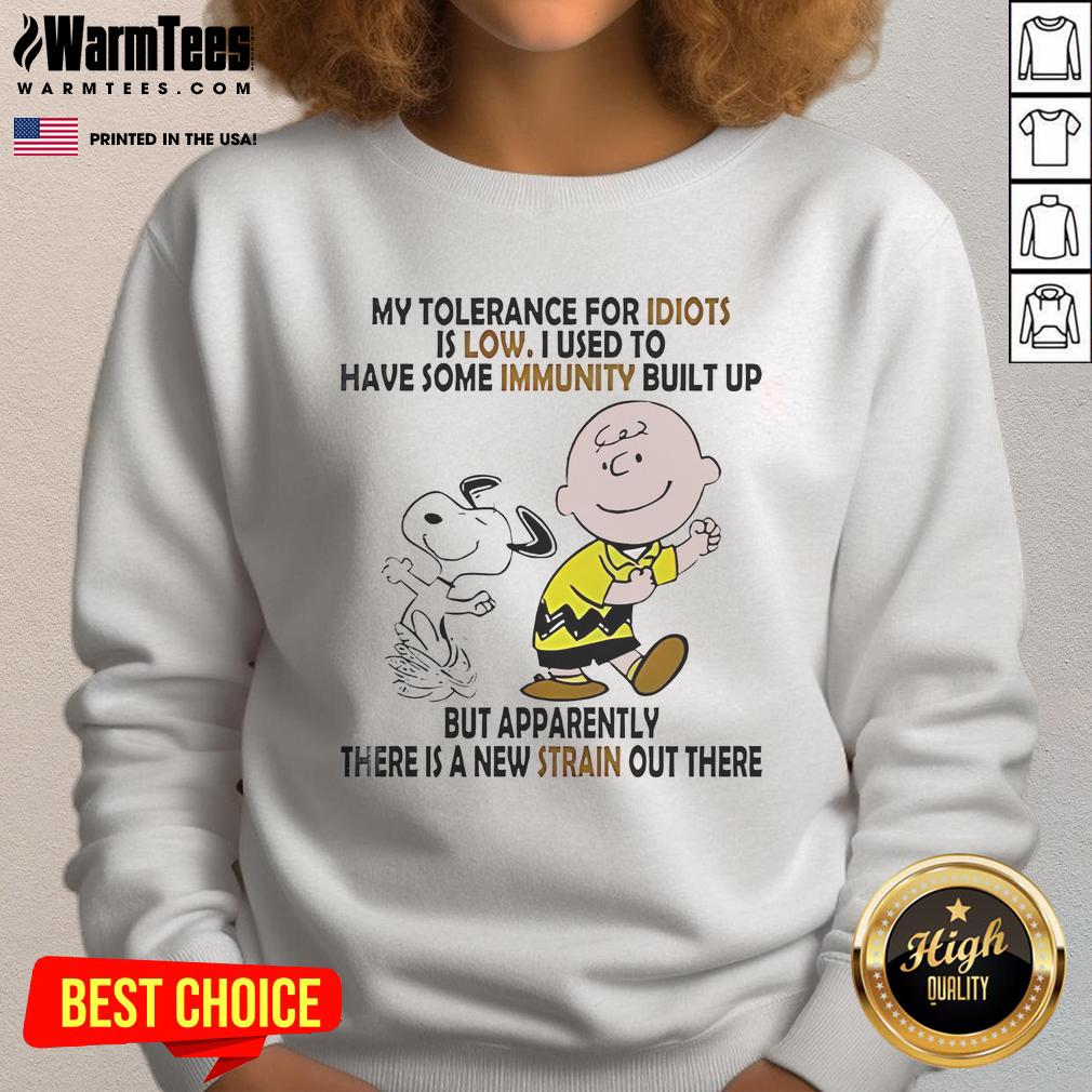 Alt Text: Funny Snoopy and Charlie Brown sweatshirt featuring My Tolerance for Idiots is Low graphic design.