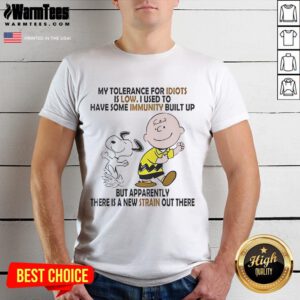 Alt Text: Funny Snoopy and Charlie Brown graphic on a t-shirt with the phrase My Tolerance For Idiots Is Low.
