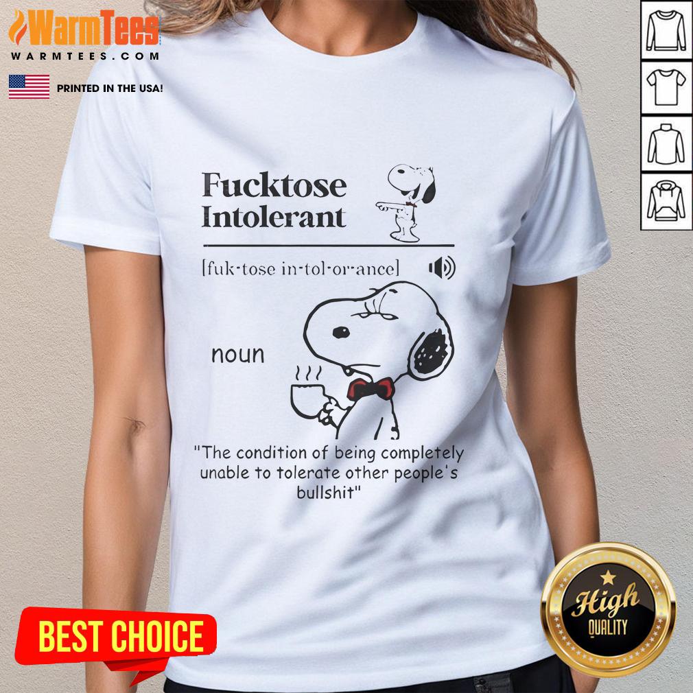Funny Snoopy graphic on a ladies tee, perfect for gluten-free and lactose-intolerant fans. Trendy and humorous design.