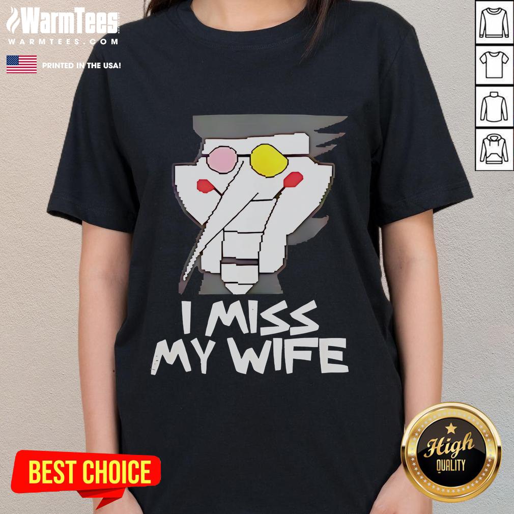 Alt Text: Funny Spamton Deltarune I Miss My Wife ladies tee featuring a humorous design and vibrant colors.