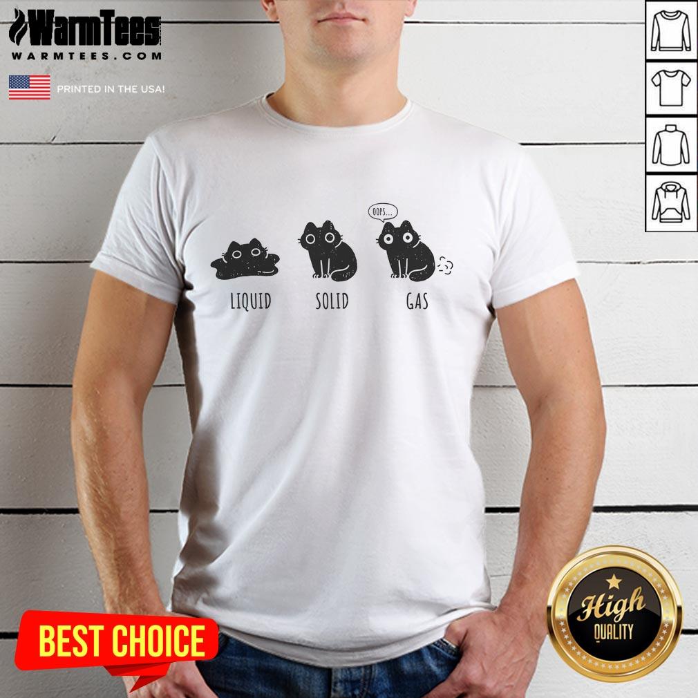 Funny States Of Cat Liquid Solid Gas T-Shirt featuring a playful cat graphic representing different states of matter.