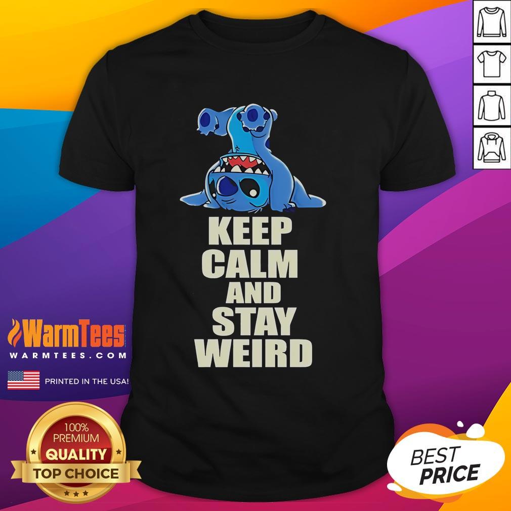 Alt Text: Funny Stitch Keep Calm And Stay Weird T-Shirt featuring a colorful design, perfect for quirky fashion lovers.