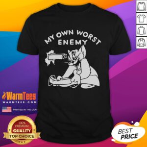 Funny Tom Cat 'My Own Worst Enemy' T-Shirt featuring a playful cartoon design of Tom, perfect for cat lovers and humor fans.