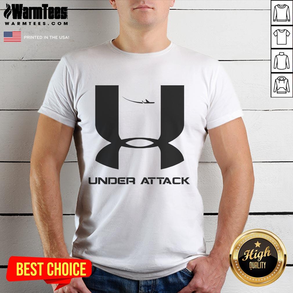 Funny Under Attack 911 logo parody t-shirt featuring a humorous design with bold graphics and vibrant colors.