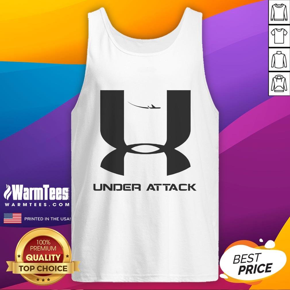 Funny Under Attack 911 logo parody tank top featuring a humorous design for casual wear and comedy lovers.