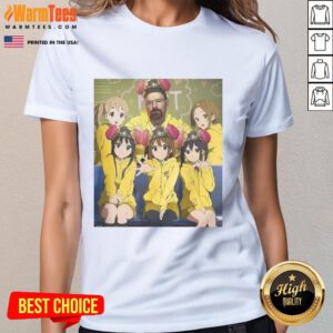 Funny Walter White from Breaking Bad with K-On! anime girls on a tee shirt, perfect for fans of both series.