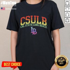 Alt Text: Good CSULB Cal State Long Beach Pride Month ladies tee featuring vibrant rainbow colors and a stylish design.
