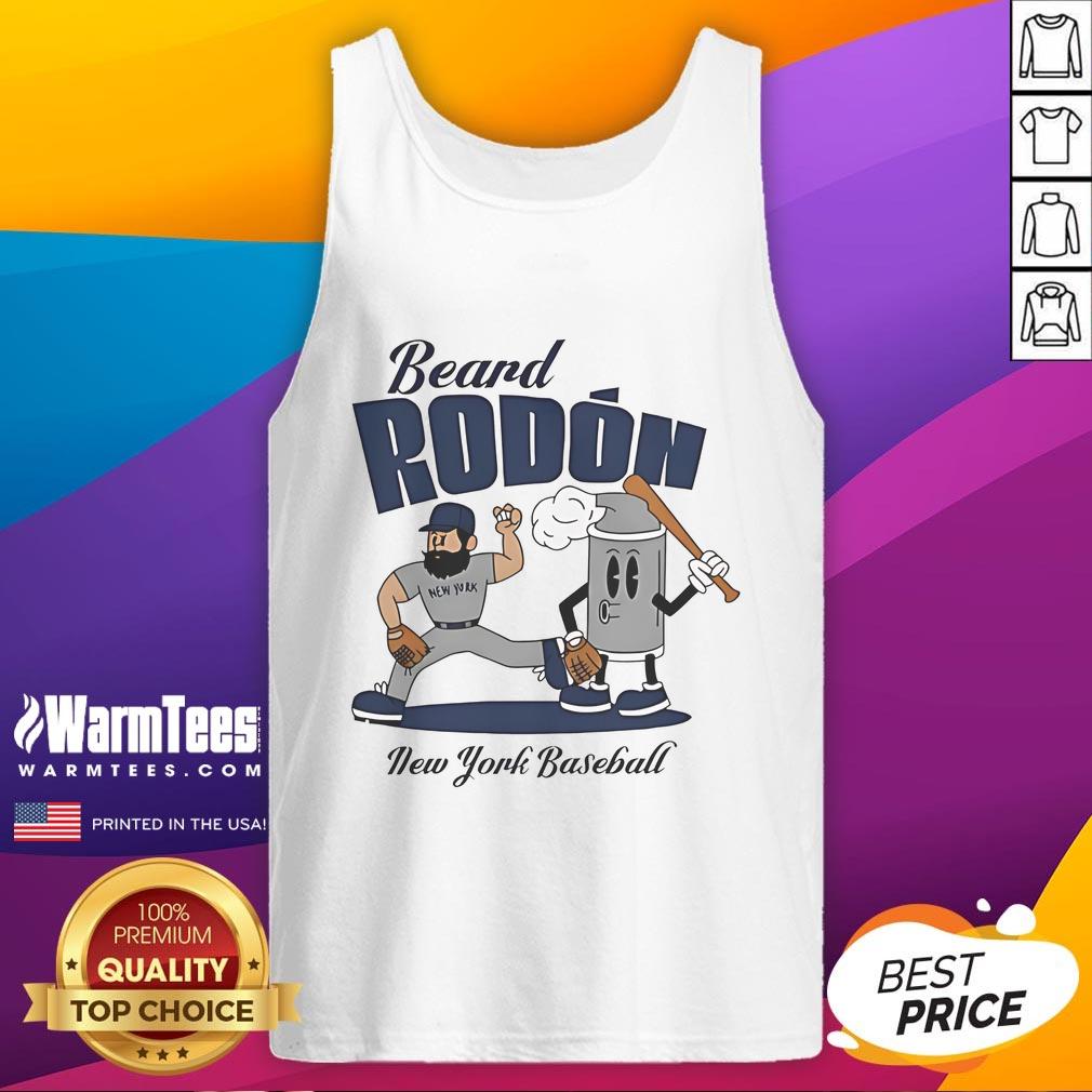 Good Carlos Rodon in a New York Yankees tank top with a beard, enjoying a mid-summer day at the baseball field.