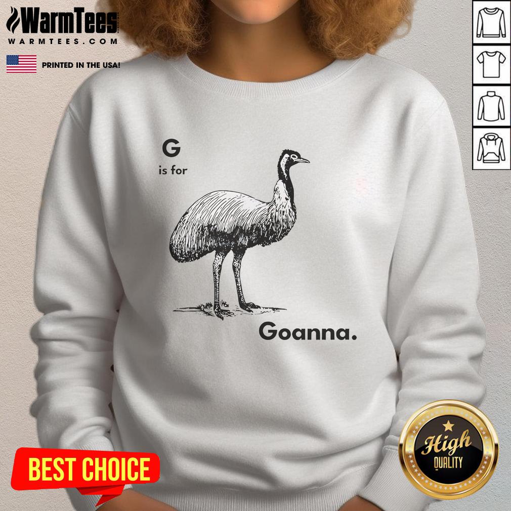 Good G is for Goanna sweatshirt featuring a vibrant design with a playful goanna illustration on a cozy fabric.