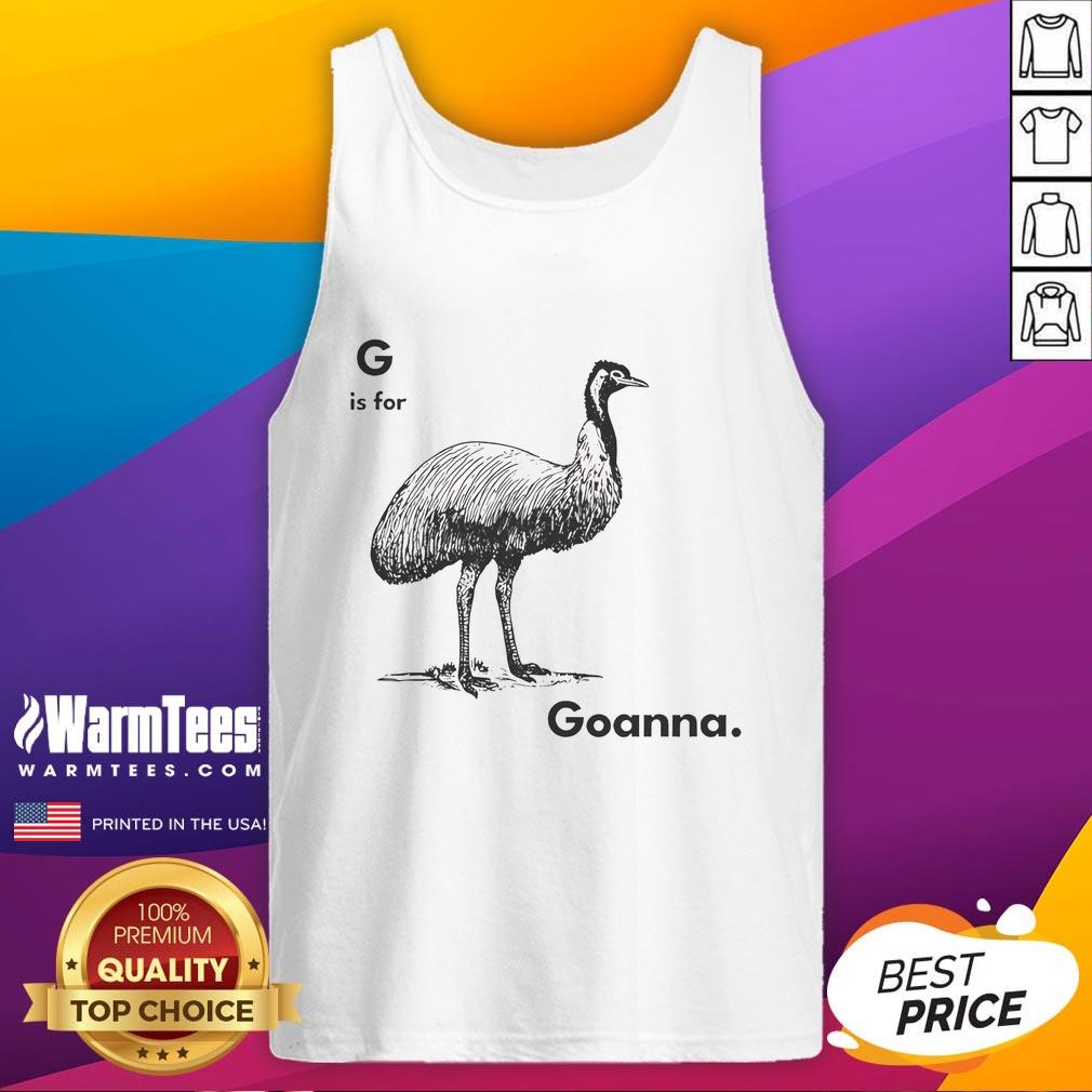 Model wearing a stylish 'Good G Is For Goanna' tank top, showcasing vibrant colors and unique design for casual wear.