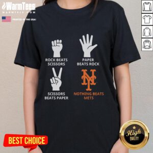 Good New York Mets ladies tee featuring 'Nothing Beats Mets' design with rock-paper-scissors graphic for fans.