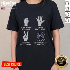 Good New York Yankees tee featuring 'Nothing Beats Yankees' design with a fun rock-paper-scissors theme.