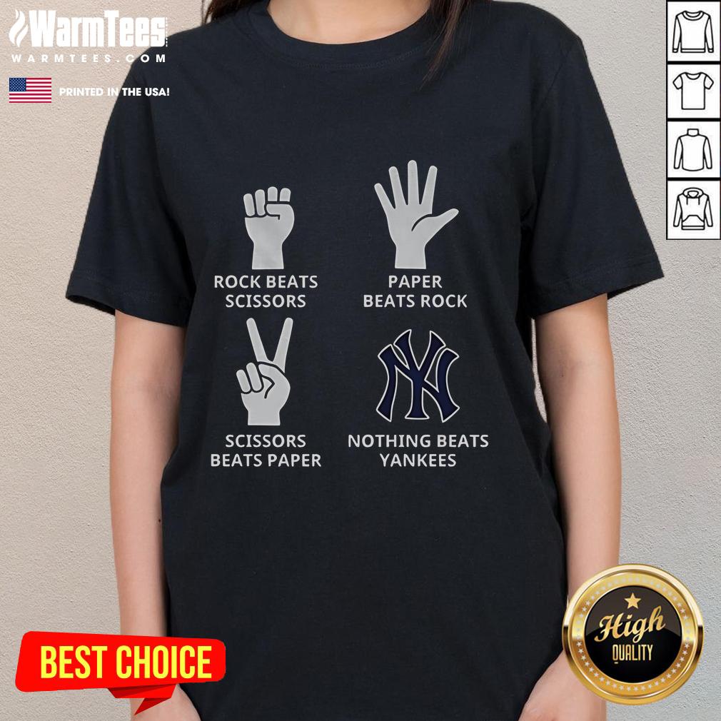 Good New York Yankees tee featuring 'Nothing Beats Yankees' design with a fun rock-paper-scissors theme.