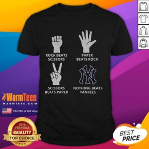 Alt Text: Good New York Yankees t-shirt featuring a fun 'Rock Beats Scissors, Paper Beats Rock' design for fans.