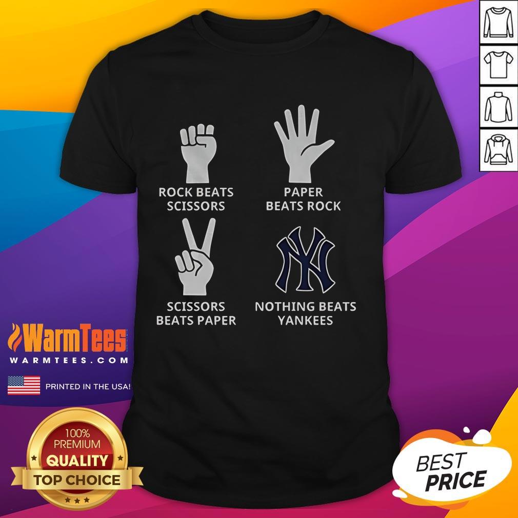 Alt Text: Good New York Yankees t-shirt featuring a fun 'Rock Beats Scissors, Paper Beats Rock' design for fans.