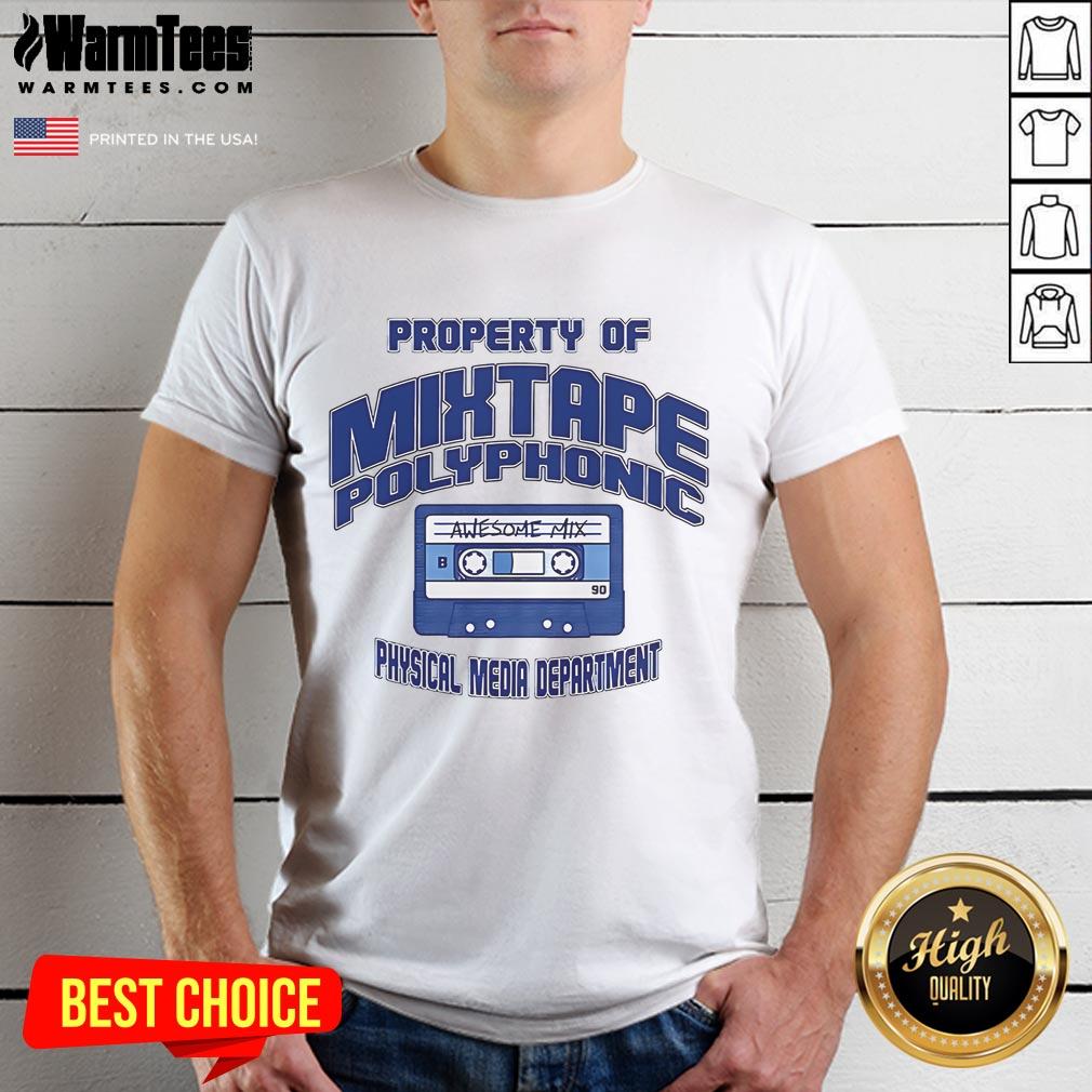 Good Property of Mixtape Polyphonic Physical Media Department T-Shirt featuring bold graphics and vibrant colors.
