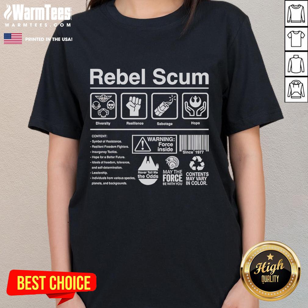 Good Rebel Scum Label Ladies Tee featuring a stylish design for fans of rebellious fashion and pop culture.