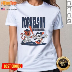 Cartoon design of Spencer Torkelson in Detroit Tigers baseball gear on a ladies tee, perfect for summer wear.