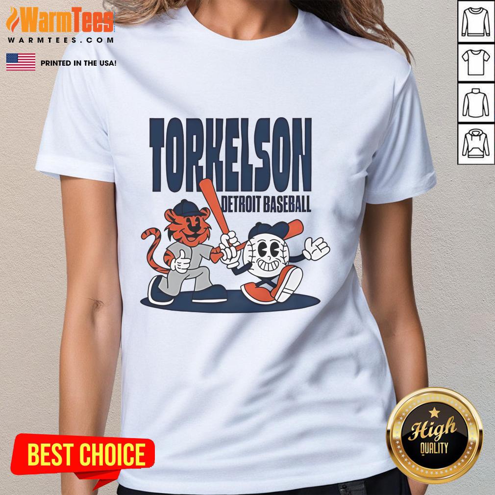 Cartoon design of Spencer Torkelson in Detroit Tigers baseball gear on a ladies tee, perfect for summer wear.