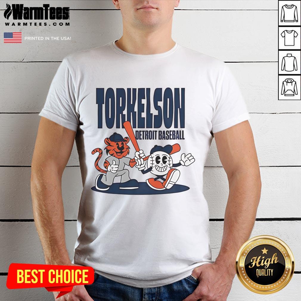 Spencer Torkelson cartoon t-shirt featuring the Detroit Tigers logo, perfect for summer baseball fans.