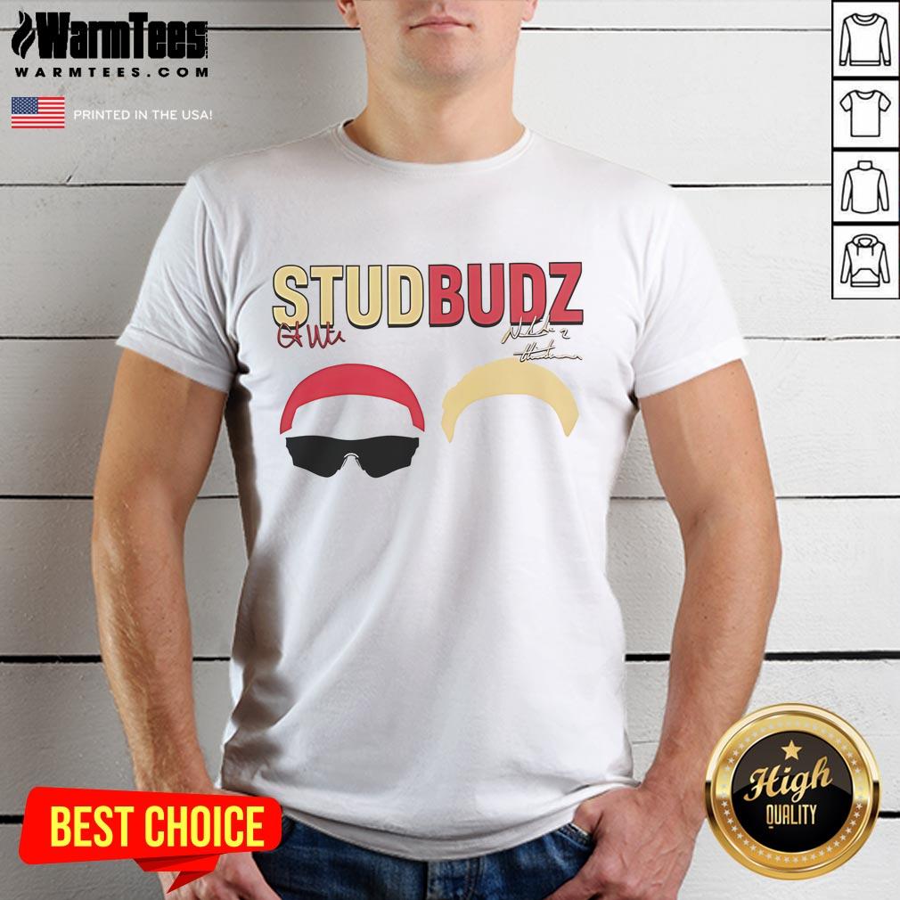 Alt Text: Good Studbudz Natisha Hiedeman and Courtney Williams signature t-shirt featuring bold designs and vibrant colors.